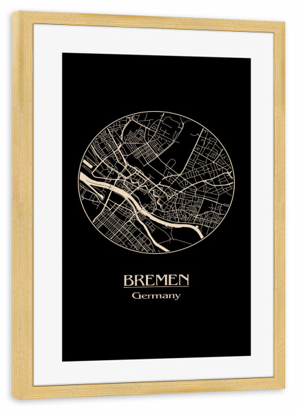 Poster mit Rahmen kiefer "Bremen Germany Retro Map" artboxONE - Städte,Reise,Schwarzweiß,Städte / Weitere