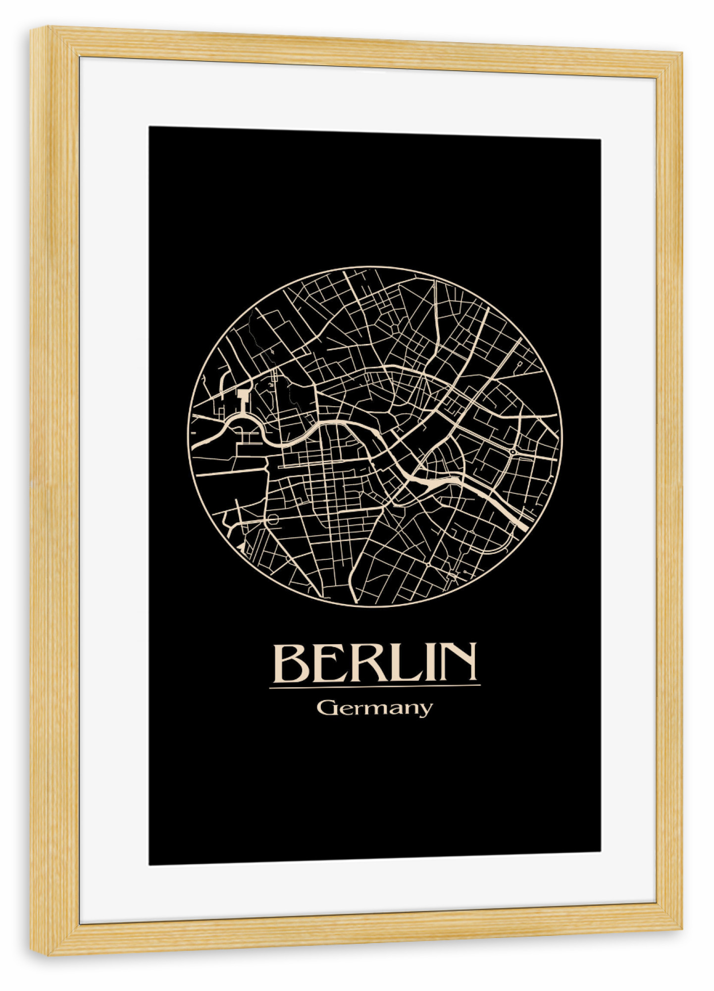 Poster mit Rahmen kiefer "Berlin Germany Retro Map" artboxONE - Städte,Städte / Berlin,Reise,Schwarzweiß