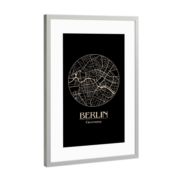Poster mit Rahmen Silber "Berlin Germany Retro Map" artboxONE - Städte,Städte / Berlin,Reise,Schwarzweiß