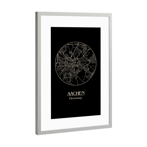 Poster mit Rahmen Silber "Aachen Retro Map" artboxONE - Städte,Schwarzweiß,Städte / Weitere