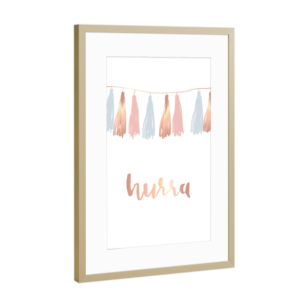 Poster mit Rahmen Gold "Hurra" artboxONE - Fashion - Hurra,Party,Ausruf,Freude,Lachen,Tanzen,Spass,Feiern,Glücklichsein