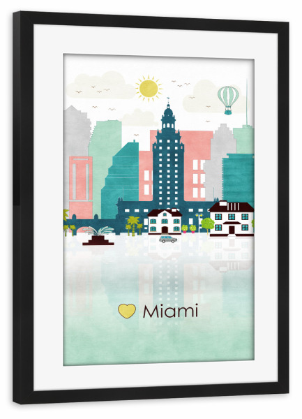 Poster mit Rahmen schwarz "Miami Skyline" artboxONE - Reise,Reise / Länder,Städte / Weitere