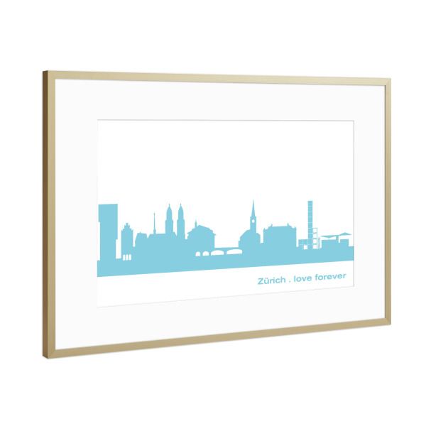 Poster mit Rahmen Gold "ZÜRICH 08 Skyline Pastel-Blue Print monochrome" artboxONE - Abstrakt,Architektur,Städte / Zürich