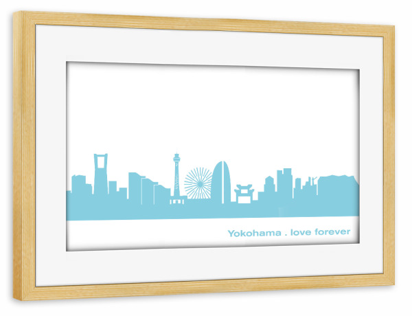 Poster mit Rahmen kiefer "YOKOHAMA 08 Skyline Pastel-Blue Print monochrome" artboxONE - Städte,Abstrakt,Architektur,Städte / Weitere