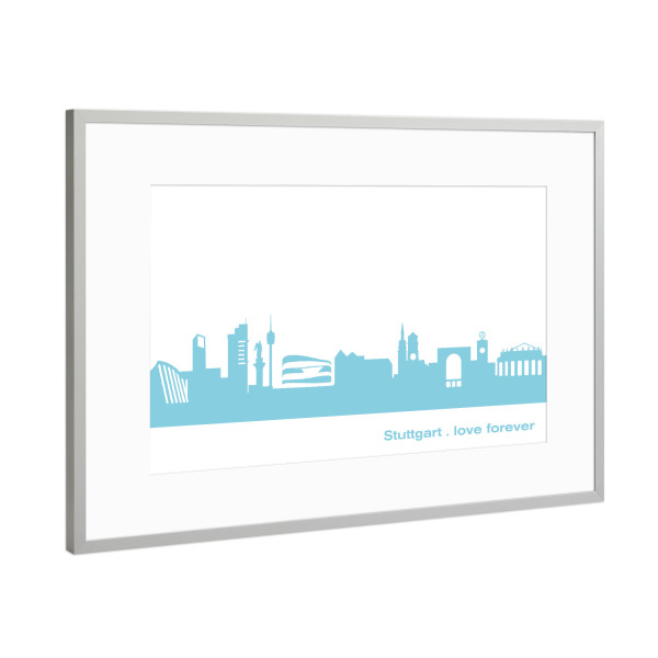 Poster mit Rahmen Silber "STUTTGART 08 Skyline Pastel-Blue Print monochrome" artboxONE - Abstrakt,Architektur,Städte / Stuttgart