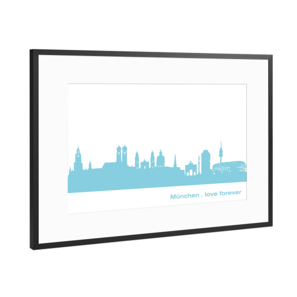 Poster mit Rahmen Schwarz (Metallic) "MÜNCHEN 08 Skyline Pastel-Blue Print monochrome" artboxONE - Städte / München,Abstrakt,Architektur