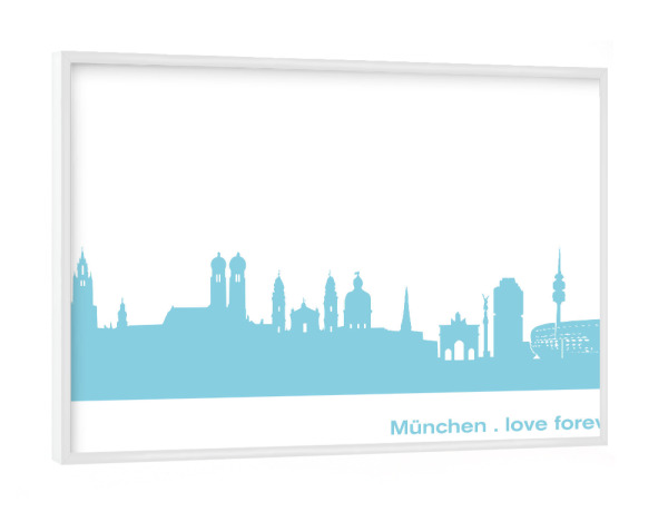 Poster mit weißem Rahmen "MÜNCHEN 08 Skyline Pastel-Blue Print monochrome" artboxONE - Städte / München,Abstrakt,Architektur