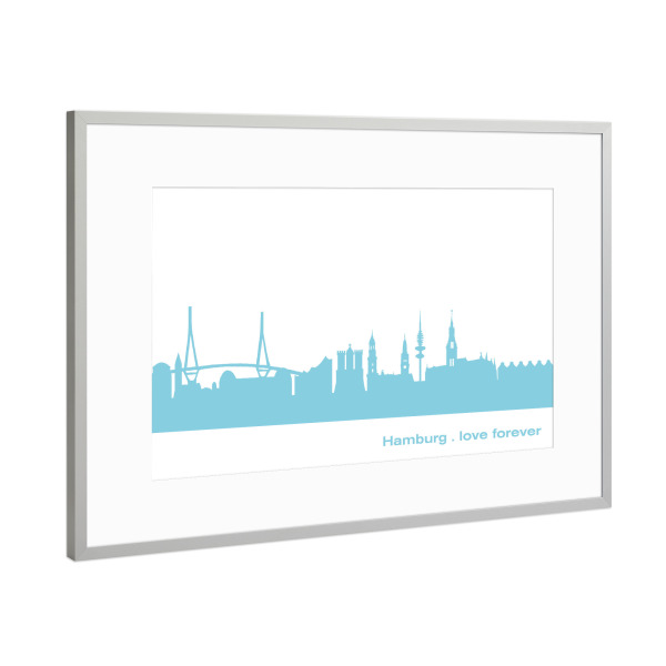 Poster mit Rahmen Silber "HAMBURG 08 Skyline Pastel-Blue Print monochrome" artboxONE - Städte / Hamburg,Abstrakt,Architektur