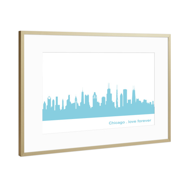 Poster mit Rahmen Gold "CHICAGO 08 Skyline Pastel-Blue Print monochrome" artboxONE - Reise,Abstrakt,Architektur,Städte / Chicago