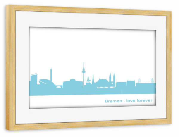 Poster mit Rahmen kiefer "BREMEN 08 Skyline Pastel-Blue Print monochrome" artboxONE - Reise,Abstrakt,Architektur,Städte / Weitere