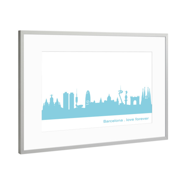 Poster mit Rahmen Silber "BARCELONA 08 Skyline Pastel-Blue Print monochrome" artboxONE - Städte,Abstrakt,Architektur,Städte / Barcelona