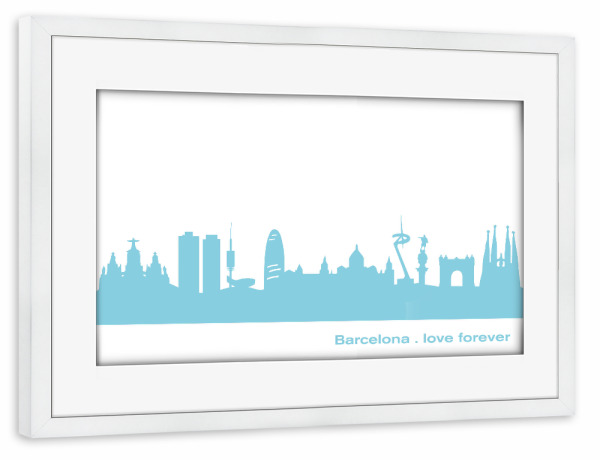 Poster mit Rahmen weiß "BARCELONA 08 Skyline Pastel-Blue Print monochrome" artboxONE - Städte,Abstrakt,Architektur,Städte / Barcelona