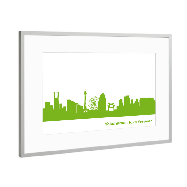 Poster mit Rahmen Silber "YOKOHAMA 01 grüner Skyline-Print" artboxONE - Städte,Abstrakt,Architektur,Städte / Weitere
