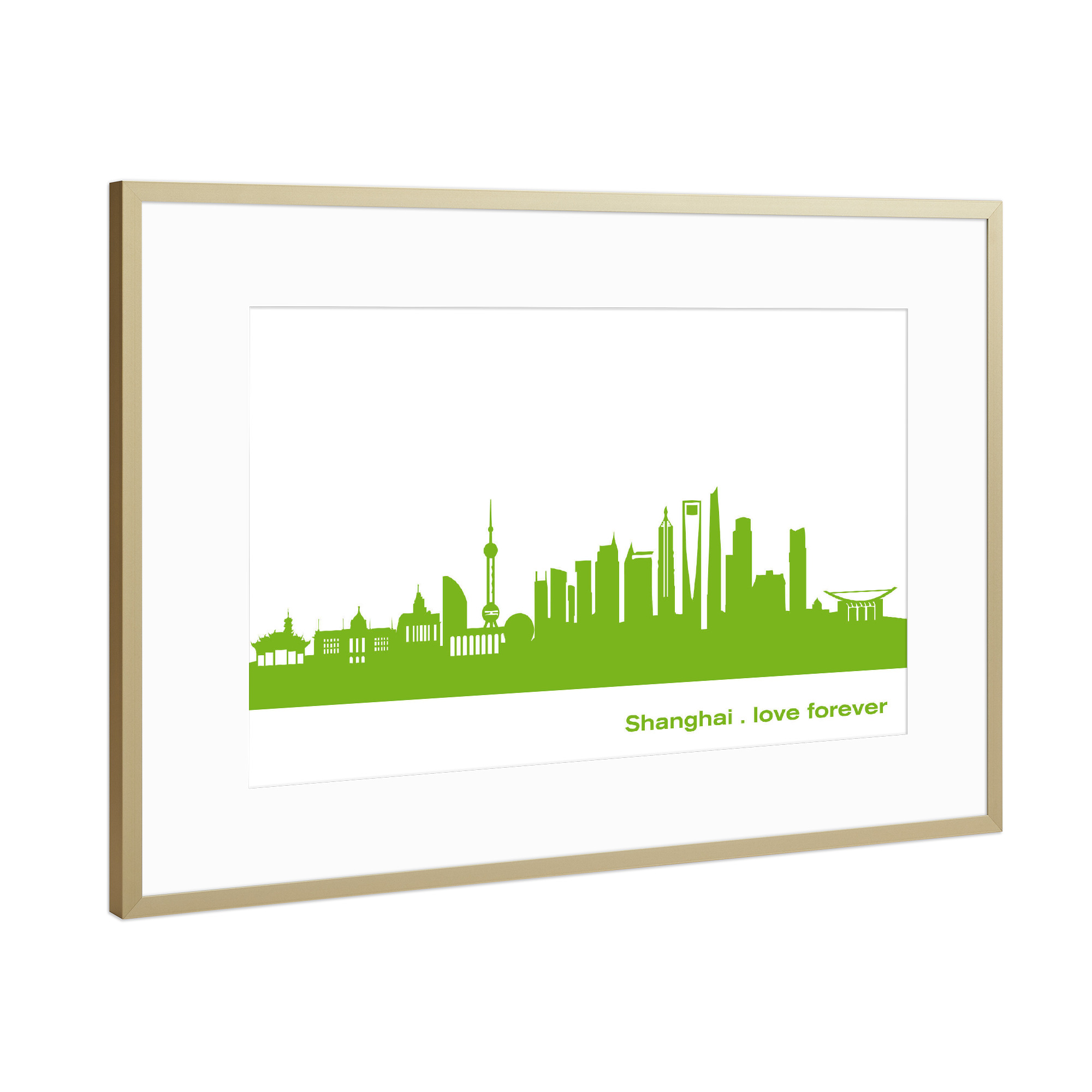 Poster mit Rahmen Gold "Shanghai 01 grüner Skyline-Print" artboxONE - Städte,Abstrakt,Architektur,Städte / Shanghai