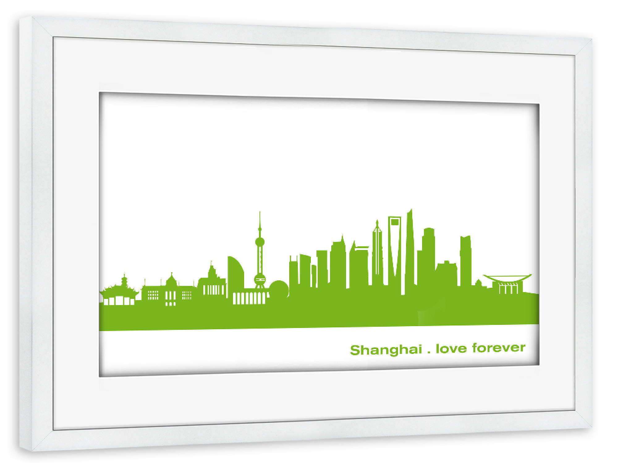Poster mit Rahmen weiß "Shanghai 01 grüner Skyline-Print" artboxONE - Städte,Abstrakt,Architektur,Städte / Shanghai
