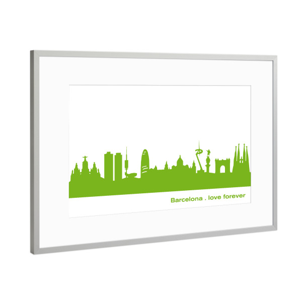Poster mit Rahmen Silber "Barcelona 01 grüner Skyline-Print" artboxONE - Städte,Abstrakt,Architektur,Städte / Barcelona