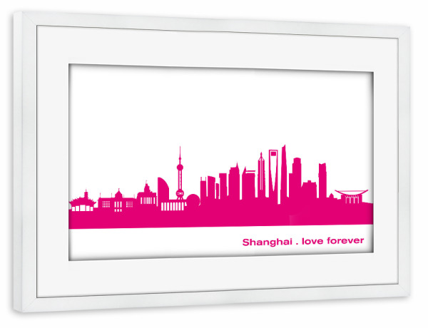 Poster mit Rahmen weiß "Shanghai 04 Pink Skyline Print monochrome" artboxONE - Städte,Abstrakt,Architektur,Städte / Shanghai