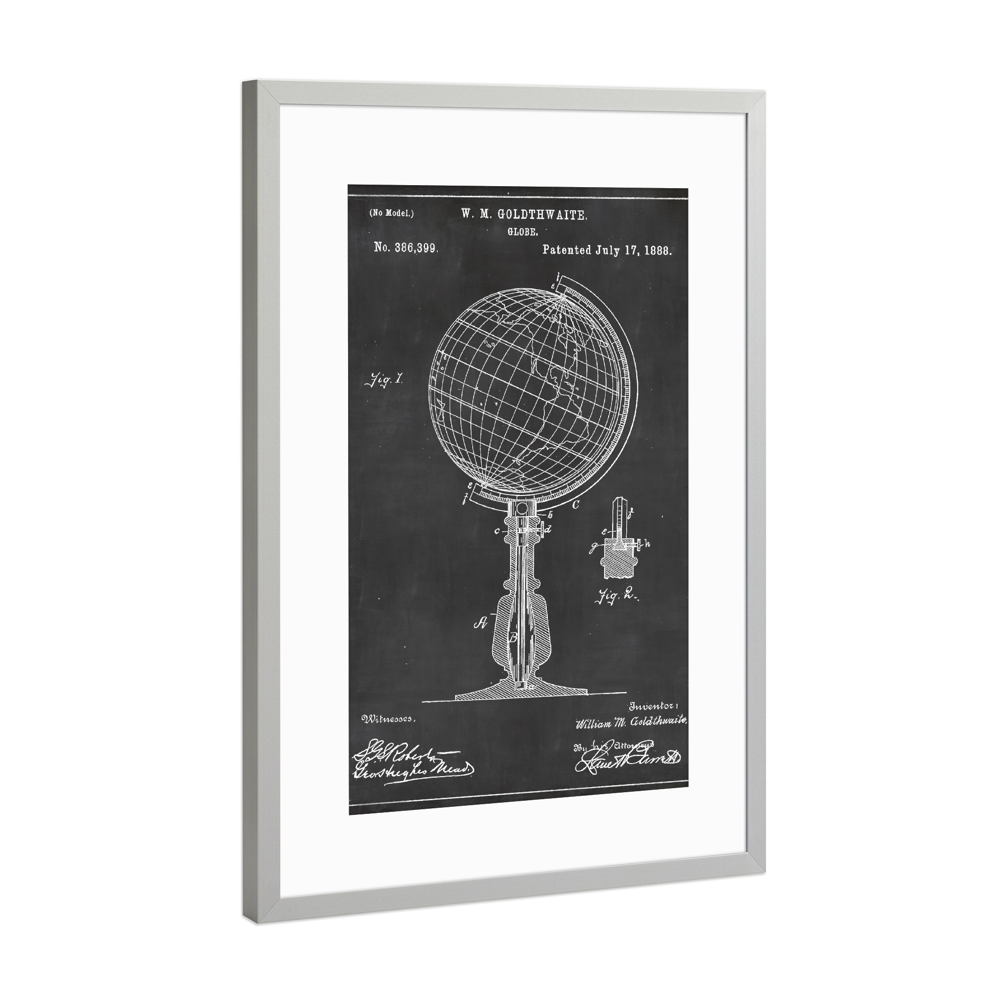 Poster mit Rahmen Silber "Globus Blaupause" artboxONE - Reise,Schwarzweiß,Kartografie