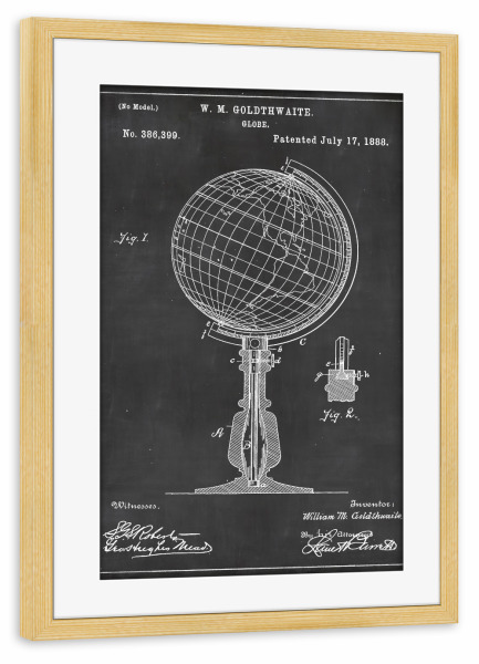 Poster mit Rahmen kiefer "Globus Blaupause" artboxONE - Reise,Schwarzweiß,Kartografie