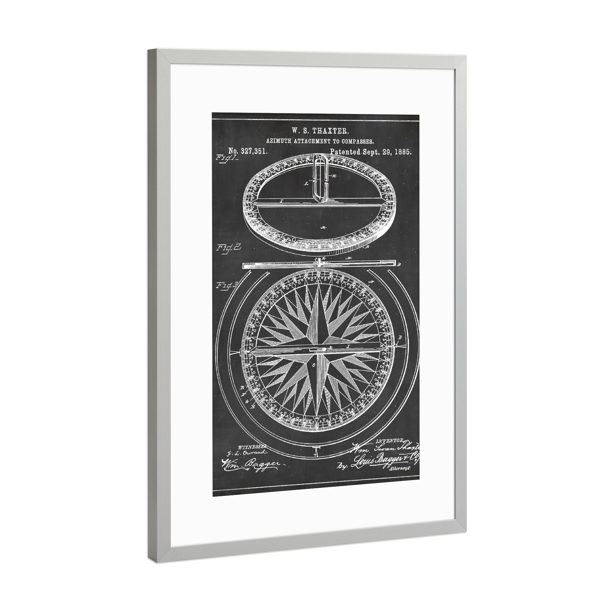 Poster mit Rahmen Silber "Kompass Blaupause" artboxONE - Reise,Schwarzweiß