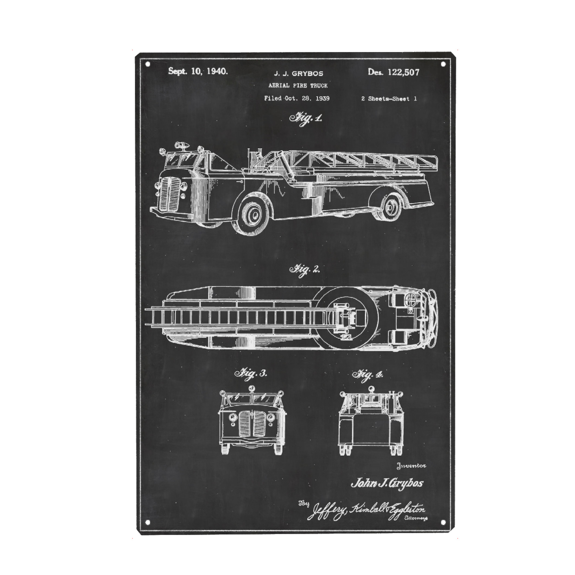 Metall Poster "Feuerwehrauto mit Leiter" artboxONE - Schwarzweiß,Automobile