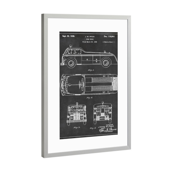 Poster mit Rahmen Silber "Feuerwehrauto Blaupause" artboxONE - Schwarzweiß,Automobile