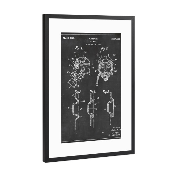 Poster mit Rahmen Schwarz (Metallic) "Gasmaske Blaupause" artboxONE - Menschen,Schwarzweiß