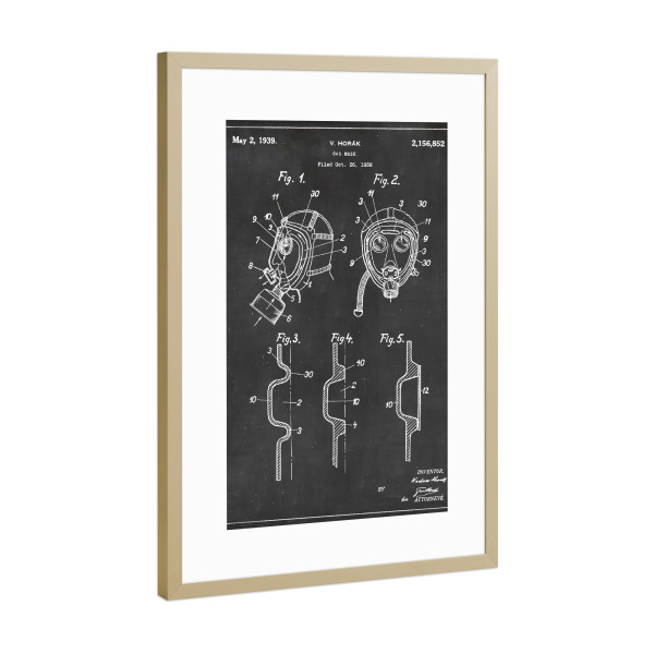 Poster mit Rahmen Gold "Gasmaske Blaupause" artboxONE - Menschen,Schwarzweiß