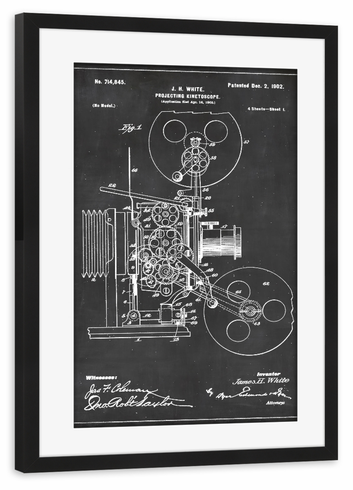 Poster mit Rahmen schwarz "Filmprojektor Blaupause" artboxONE - Film,Schwarzweiß