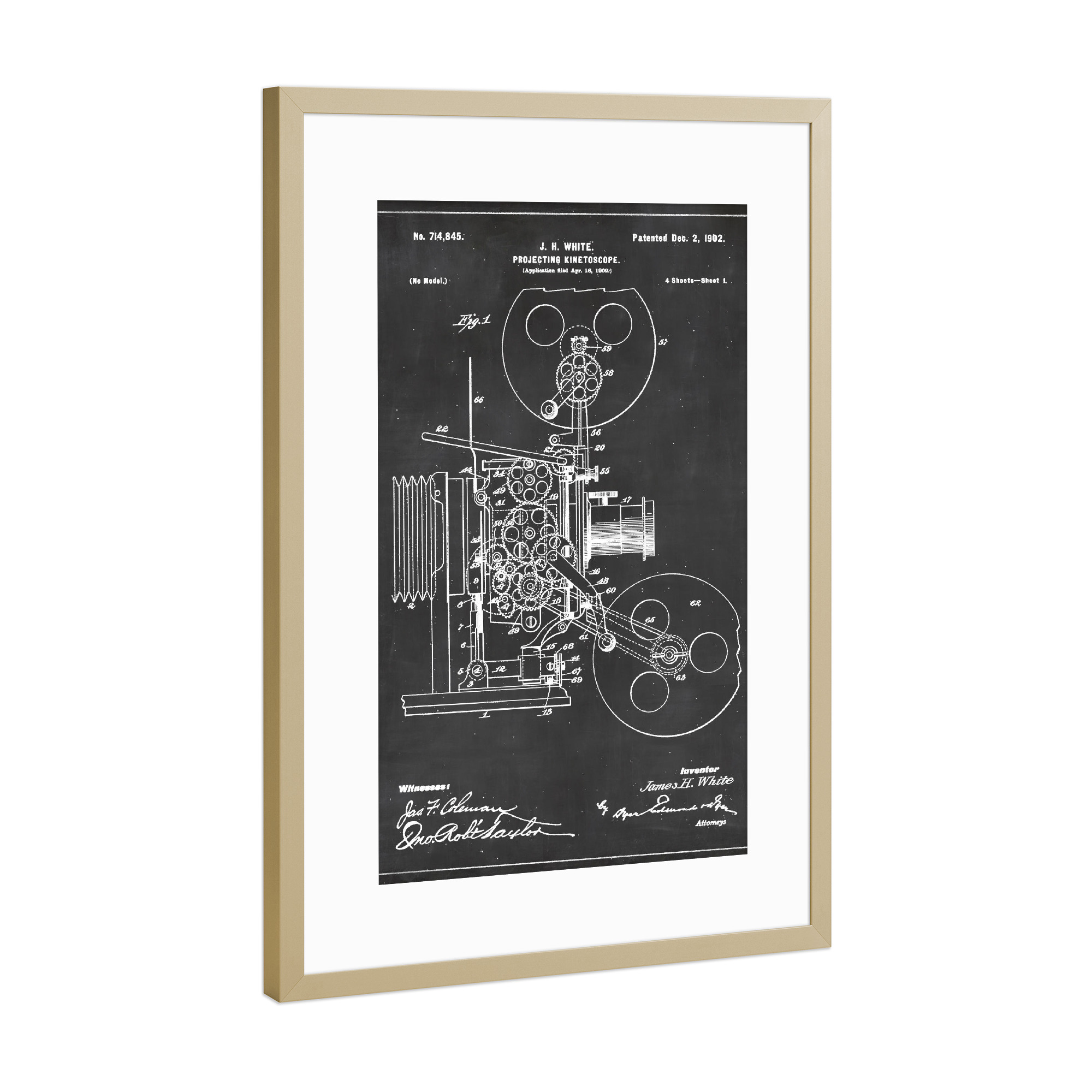 Poster mit Rahmen Gold "Filmprojektor Blaupause" artboxONE - Film,Schwarzweiß