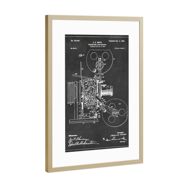 Poster mit Rahmen Gold "Filmprojektor Blaupause" artboxONE - Film,Schwarzweiß