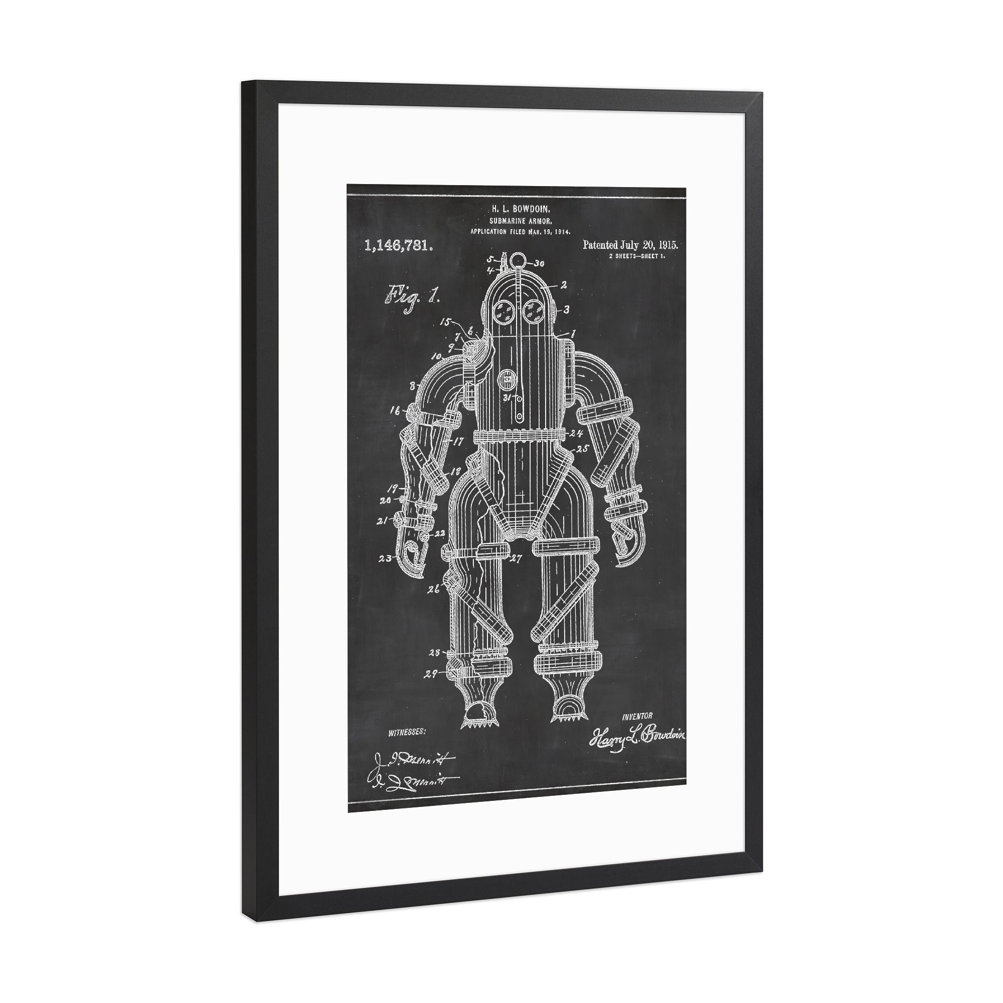 Poster mit Rahmen Schwarz (Metallic) "Steampunk Taucheranzug Blaupause" artboxONE - Reise,Abstrakt,Menschen,Schwarzweiß