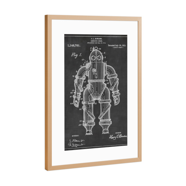 Poster mit Rahmen Kupfer "Steampunk Taucheranzug Blaupause" artboxONE - Reise,Abstrakt,Menschen,Schwarzweiß