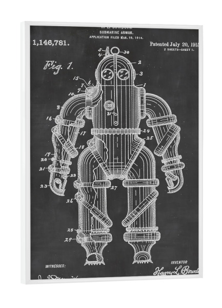 Poster mit weißem Rahmen "Steampunk Taucheranzug Blaupause" artboxONE - Reise,Abstrakt,Menschen,Schwarzweiß