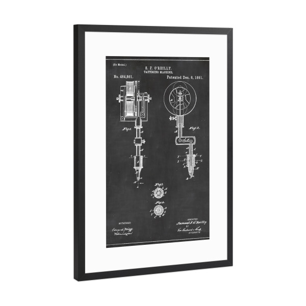 Poster mit Rahmen Schwarz (Metallic) "Tattoomaschine Blaupause" artboxONE - Abstrakt,Schwarzweiß,Fashion