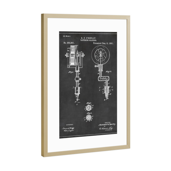 Poster mit Rahmen Gold "Tattoomaschine Blaupause" artboxONE - Abstrakt,Schwarzweiß,Fashion