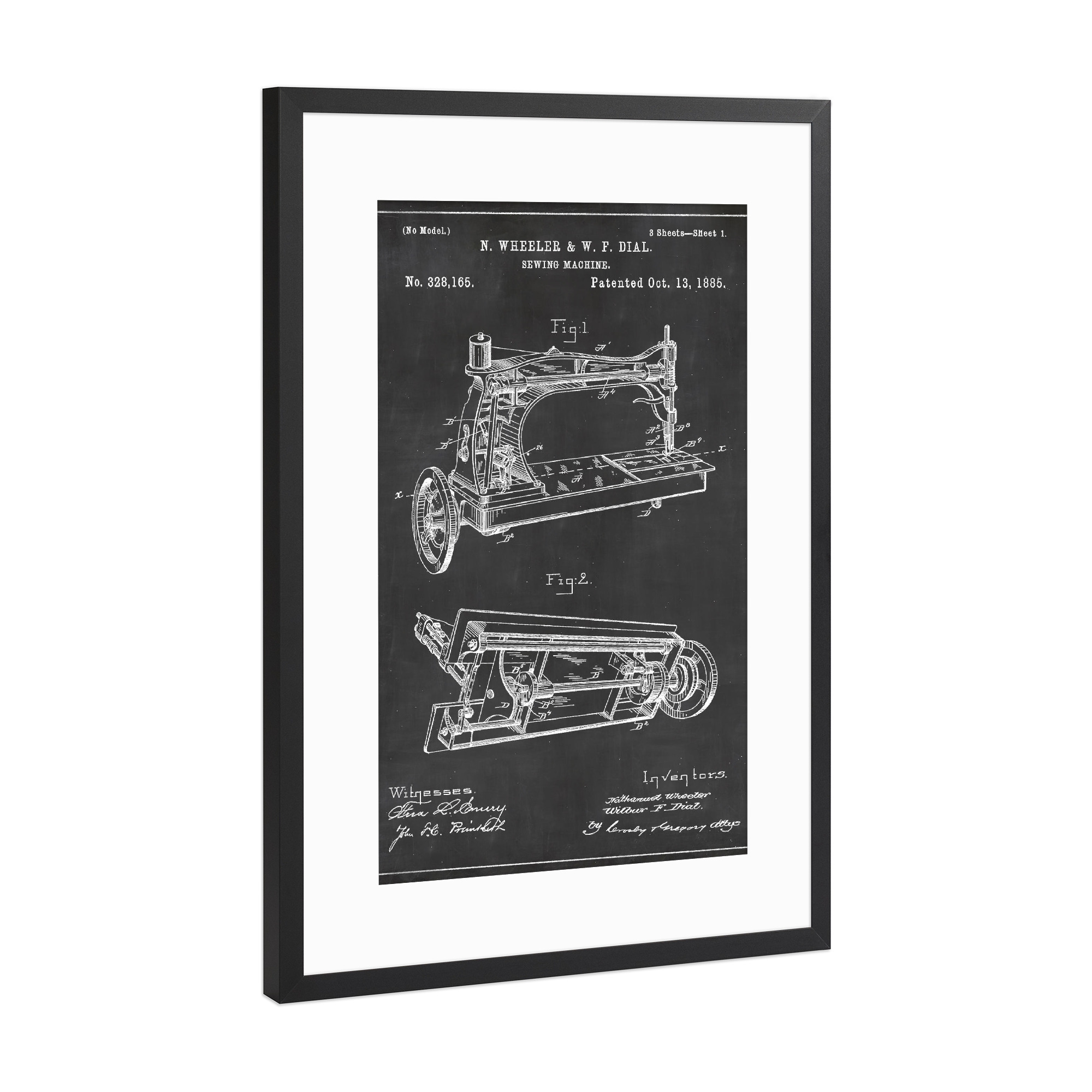 Poster mit Rahmen Schwarz (Metallic) "Nähmaschine Blaupause" artboxONE - Schwarzweiß,Fashion