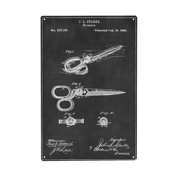 Metall Poster "Retro Schere Entwurf" artboxONE - Schwarzweiß,Fashion - Blaupause,Entwurf,Retro,Vintage,Schere,Entwurf,Schneidern,Nähen - Blechschild