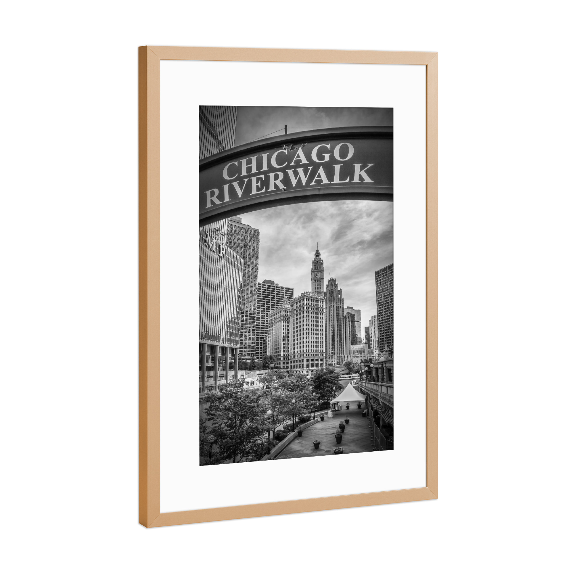 Poster mit Rahmen Kupfer "CHICAGO Riverwalk" artboxONE - Städte,Reise,Schwarzweiß,Architektur,Städte / Chicago,Reise / Länder