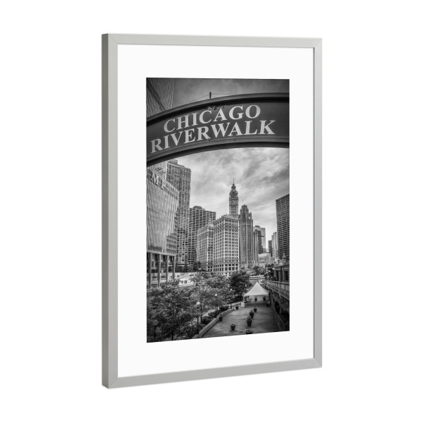 Poster mit Rahmen Silber "CHICAGO Riverwalk" artboxONE - Städte,Reise,Schwarzweiß,Architektur,Städte / Chicago,Reise / Länder