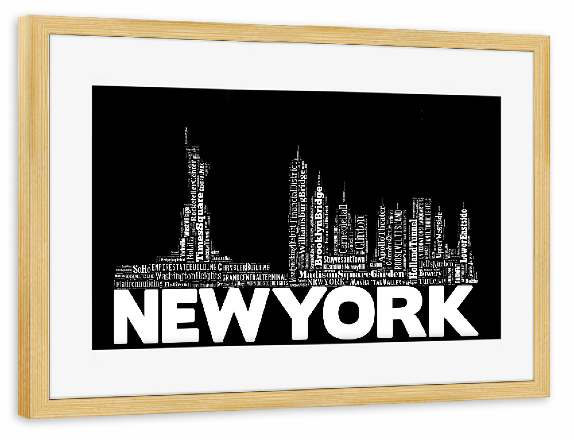 Poster mit Rahmen kiefer "New York City and Manhattan Travel Sites Typographic 2" artboxONE - Städte,Städte / New York,Schwarzweiß