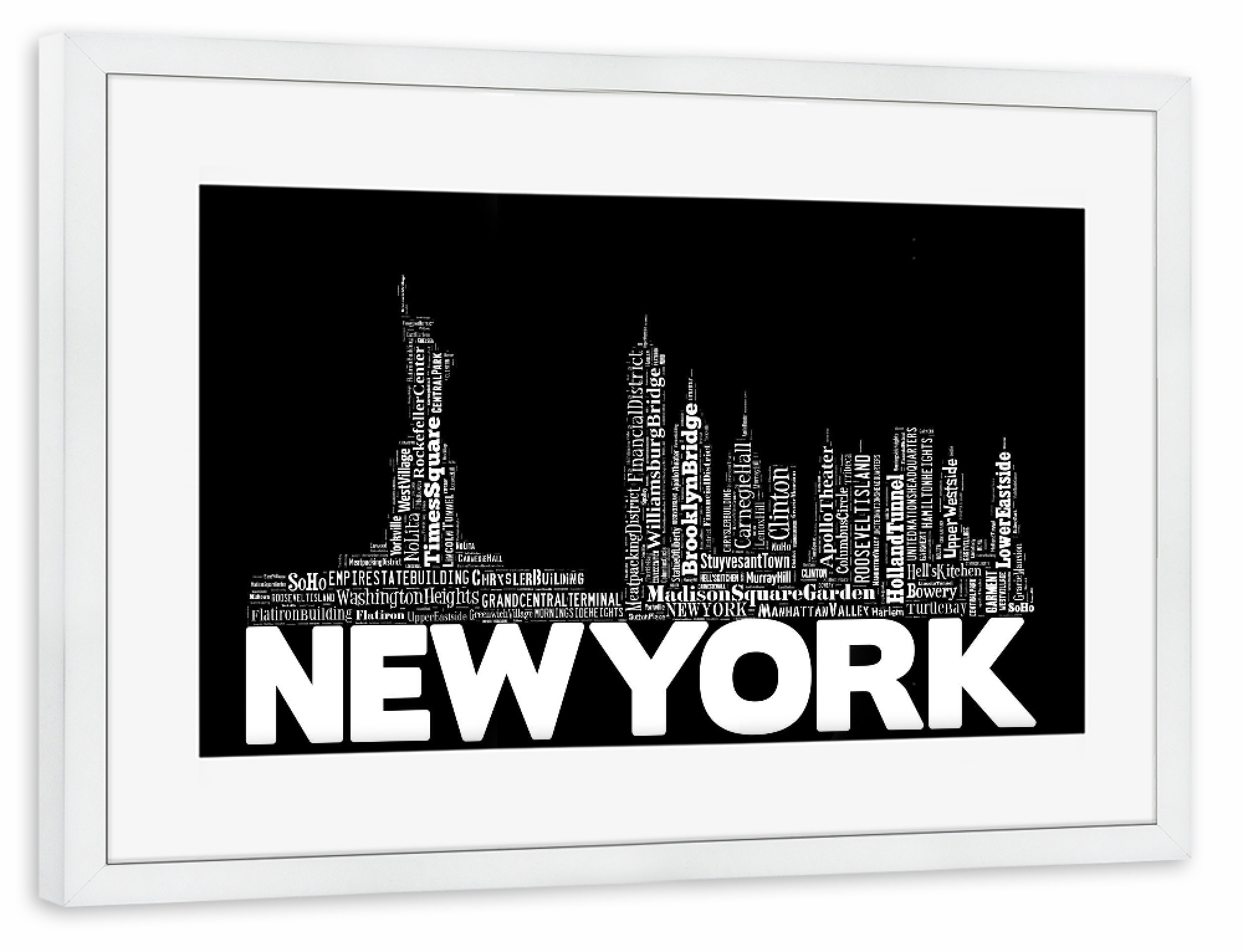 Poster mit Rahmen weiß "New York City and Manhattan Travel Sites Typographic 2" artboxONE - Städte,Städte / New York,Schwarzweiß