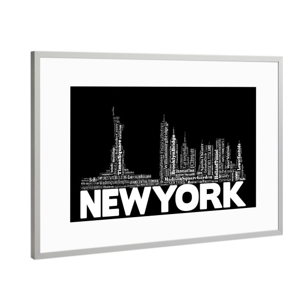 Poster mit Rahmen Silber "New York City and Manhattan Travel Sites Typographic 2" artboxONE - Städte,Städte / New York,Schwarzweiß