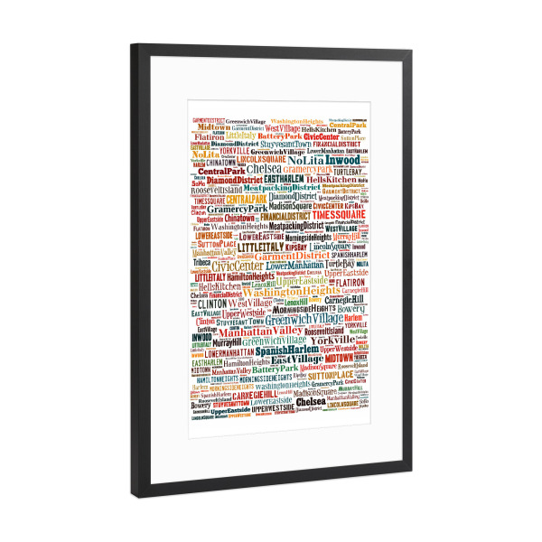 Poster mit Rahmen Schwarz (Metallic) "New York City and Manhattan Travel Sites Typographic" artboxONE - Städte,Städte / New York