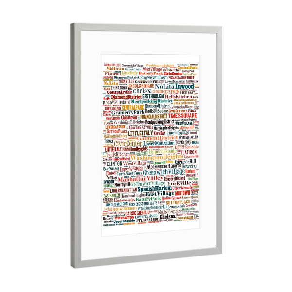 Poster mit Rahmen Silber "New York City and Manhattan Travel Sites Typographic" artboxONE - Städte,Städte / New York