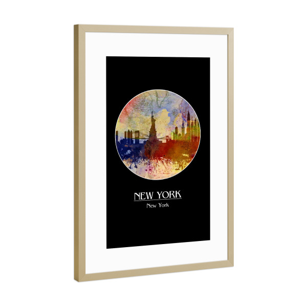 Poster mit Rahmen Gold "New York Skyline With World Map Manhattan" artboxONE - Städte,Städte / New York,Reise