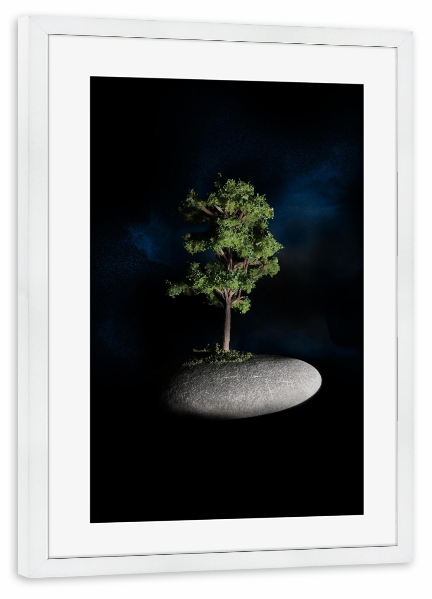 Poster mit Rahmen weiß "The First Sanctuary in Space" artboxONE - Natur - Baum,Stein,Zen,Bonsai,Raum,Nebelfleck,Baum,Natur,Träume,Fiktion,Fantasie