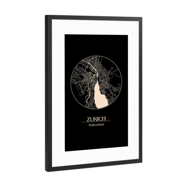 Poster mit Rahmen Schwarz (Metallic) "Retro Map of Zurich Switzerland" artboxONE - Städte,Schwarzweiß,Städte / Zürich - Map,Zurich,Switzerland