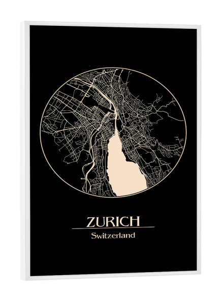 Poster mit weißem Rahmen "Retro Map of Zurich Switzerland" artboxONE - Städte,Schwarzweiß,Städte / Zürich - Map,Zurich,Switzerland