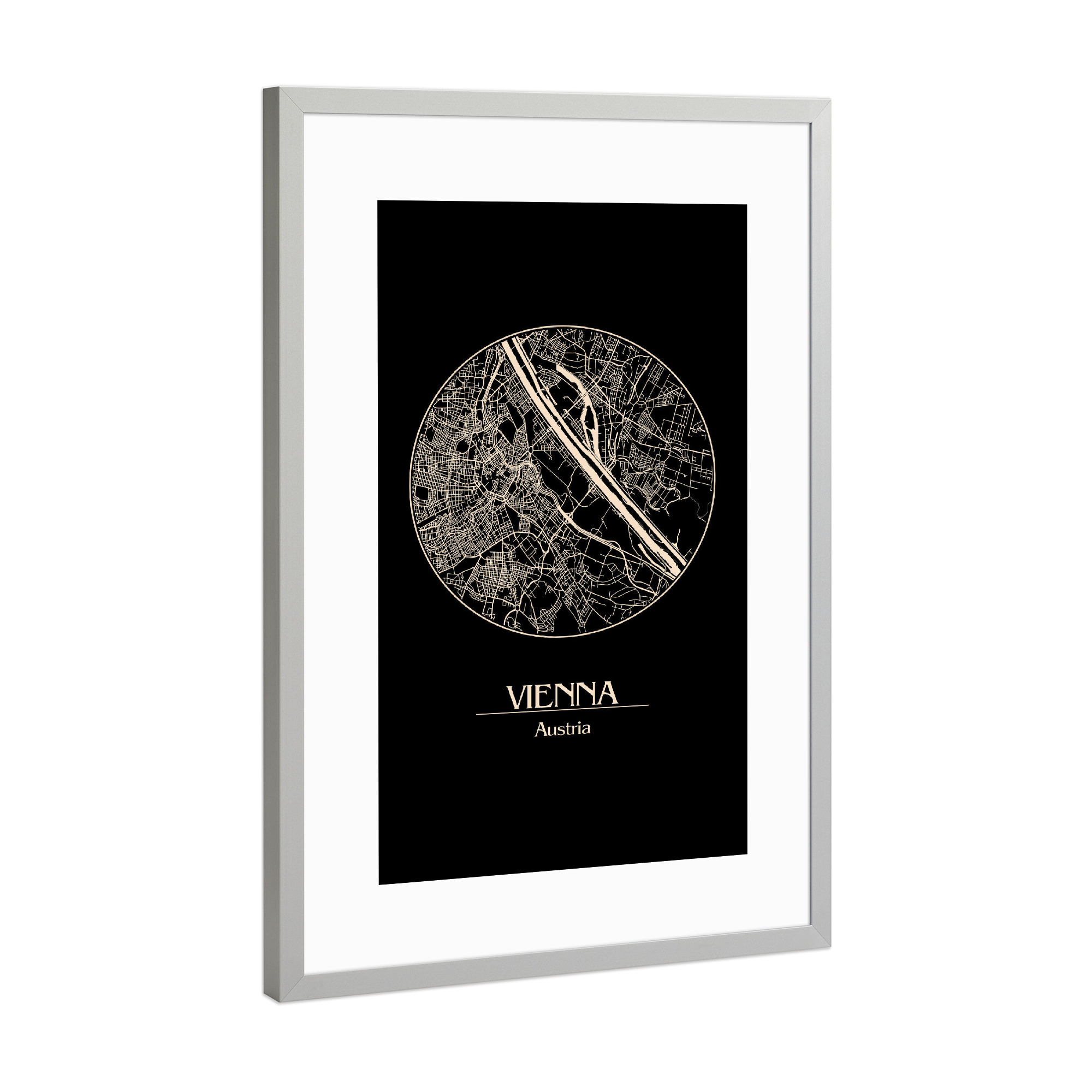 Poster mit Rahmen Silber "Retro Map Vienna Austria" artboxONE - Städte,Schwarzweiß,Städte / Wien - Map,Vienna,Austria,Wien,österreich,Europa,Mozart